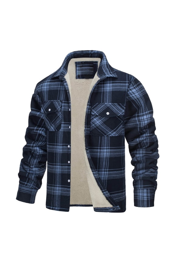 Men's Fleece Flannel Plaid Shirt Jacket Soft Sherpa Lined Cotton Casual Thickened Button Down Coat with Pockets Dark Blue L