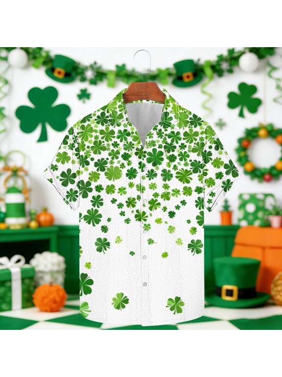 Men's Funny Patrick Day Shirt Short Sleeve Casual Button Down Turndown Collar Holiday Blouse White 2XL