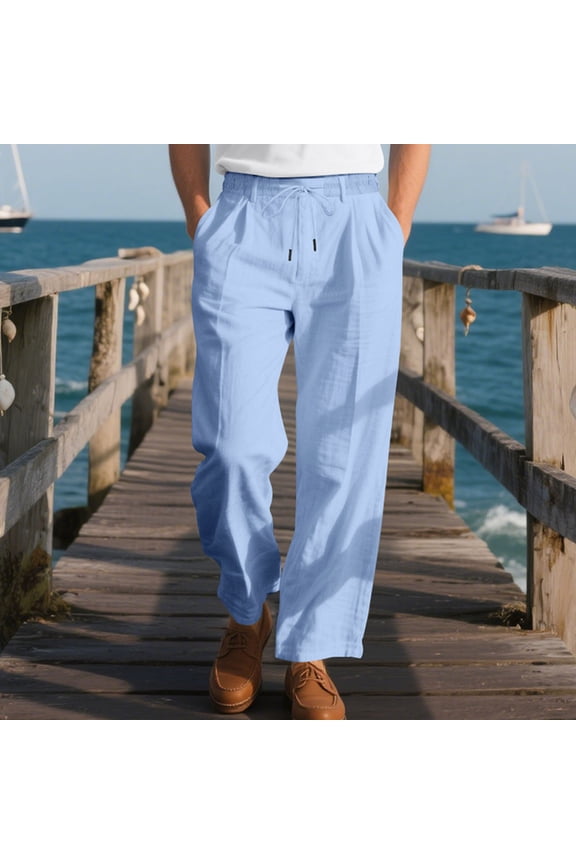 Men's Linen Casual Pants with Drawstring Waist - Breathable Summer Loose Fit Long Pants for Men, Lightweight Comfortable Beach Trousers Light Blue L