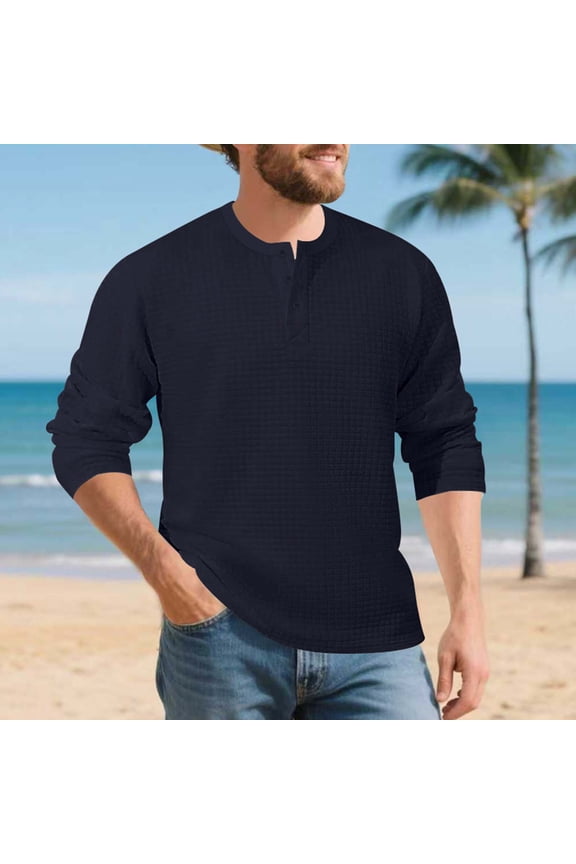 Men's Long Sleeve Base Layer Shirt Half Button Round Neck Casual Exercise Top Polyester Solid Color Outdoor Wear Navy S