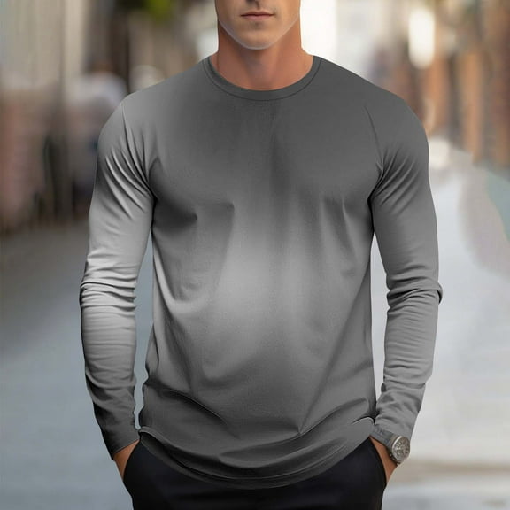 PiGOGI Men's Long Sleeve Casual Shirt Print Round Neck Blouse Polyester Top for Sports Outdoor Daily Wear Gray S