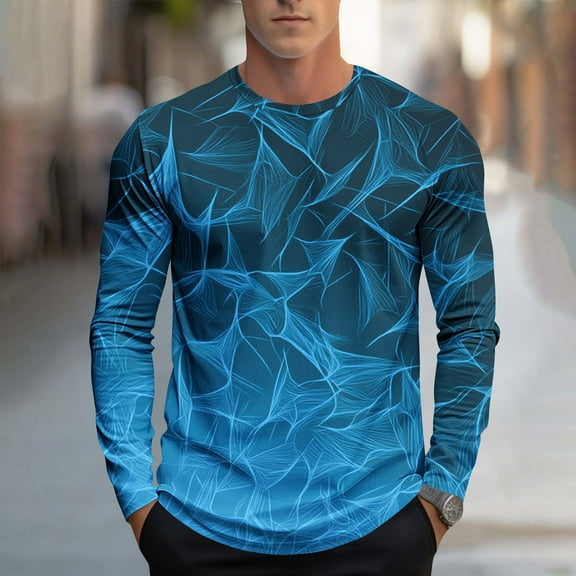 PiGOGI Men's Long Sleeve Casual Shirt Print Round Neck Blouse Polyester Top for Sports Outdoor Daily Wear Light Blue XL