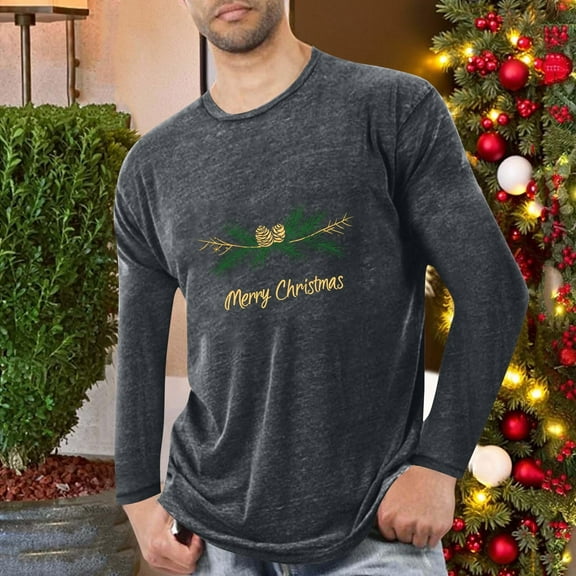 PiGOGI Men's Long Sleeve Pajama Shirt Sports Fitness Home Christmas Printed Round Neck Comfortable Gray 4XL