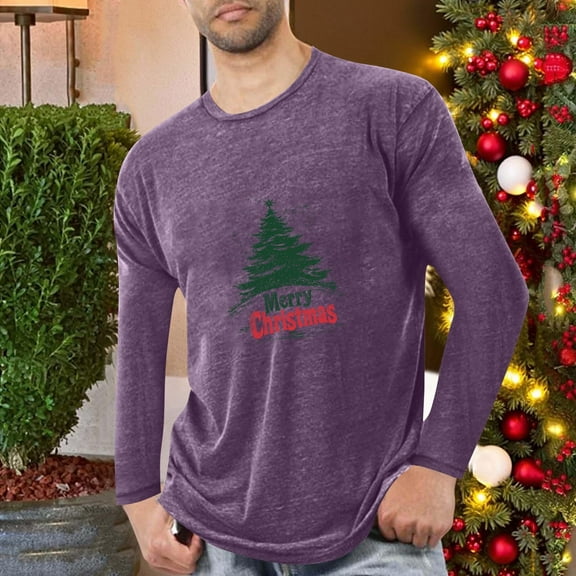 PiGOGI Men's Long Sleeve Pajama Shirt Sports Fitness Home Christmas Printed Round Neck Comfortable Purple XL