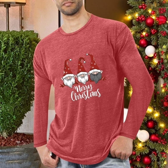 PiGOGI Men's Long Sleeve Pajama Shirt Sports Fitness Home Christmas Printed Round Neck Comfortable Red M