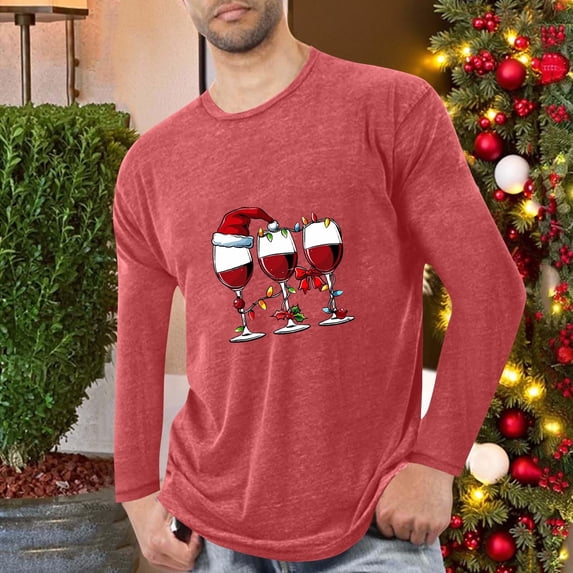 PiGOGI Men's Long Sleeve Pajama Shirt Sports Fitness Home Christmas Printed Round Neck Comfortable Red XL