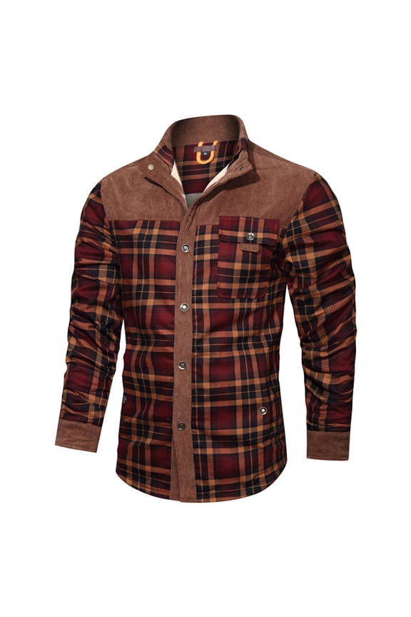 Men's Long Sleeve Sherpa Lined Shirt Jacket Flannel Plaid Fleece Coats Red L