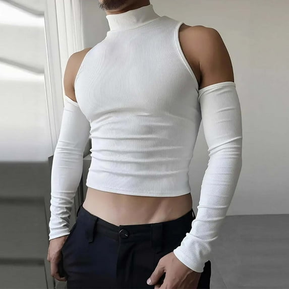 PiGOGI Men's Long Sleeve Shirt Solid Color Fashion Knitted Slim off Shoulder Round Neck Casual Comfortable White XL