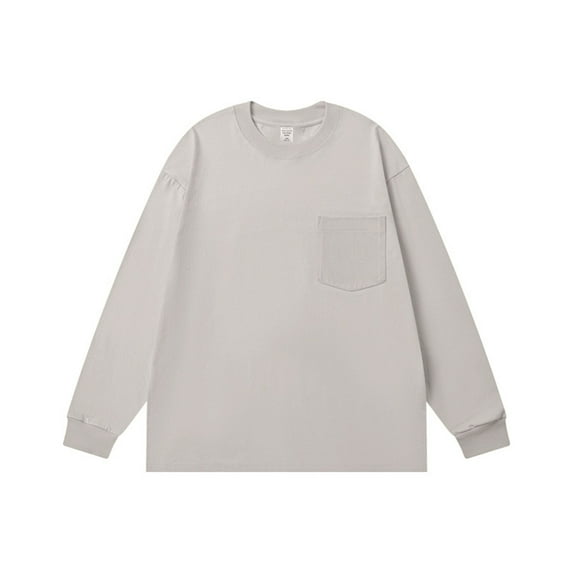 PiGOGI Men's Long Sleeve Shirts Casual Pocket T-Shirt Solid Color Round Neck Blouse Top for Daily Wear Gray L