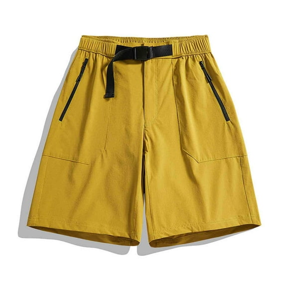 PiGOGI Men's Loose Casual Shorts with Zipper Pockets, Solid Color Nylon Spandex Pants with Button Waist for Outdoor Activities Yellow L
