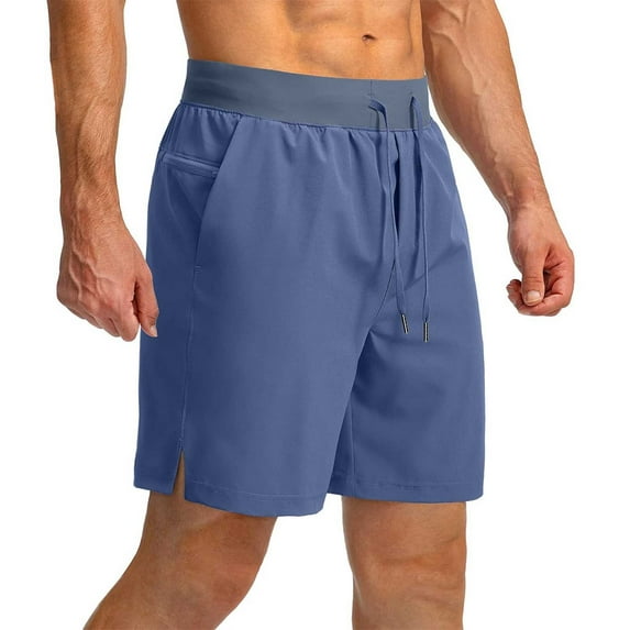 PiGOGI Men's Loose Casual Shorts with Zipper Pockets, Solid Color Polyester Spandex Pants with Drawstring Waist for Summer Blue XL