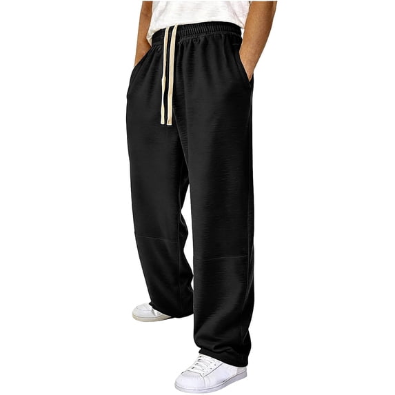 PiGOGI Men's Loose Sports Pants Drawstring Wide Leg Elastic with Pockets Fashionable Casual Comfortable Trousers Black 3XL