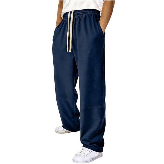 PiGOGI Men's Loose Sports Pants Drawstring Wide Leg Elastic with Pockets Fashionable Casual Comfortable Trousers Dark Blue 3XL