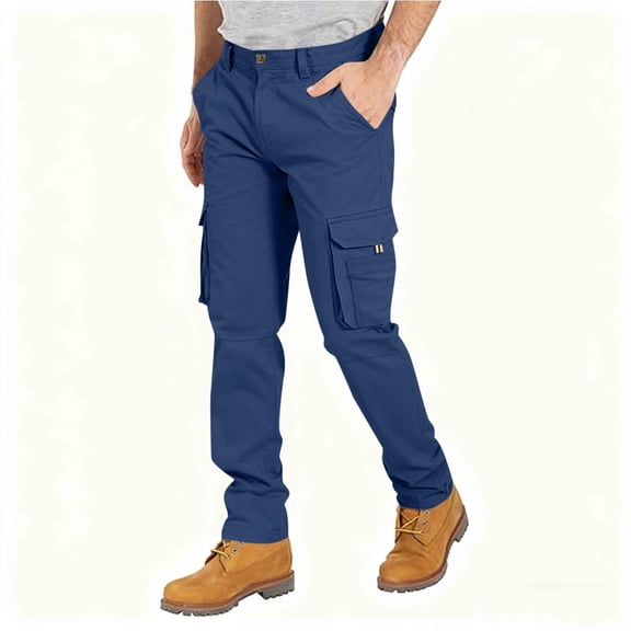 PiGOGI Men's Outdoor Casual Work Pants Loose Fit Button Front Multi-Pocket Long Trousers for Hiking and Travel Navy L