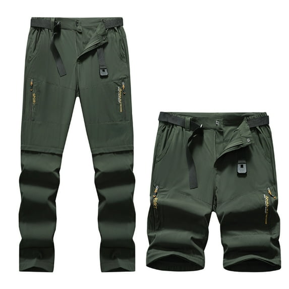 PiGOGI Men's Outdoor Convertible Pants - Detachable Button & Zipper with Belt, Elastic Waist Long Pants for Hiking & Travel Army Green XXXL