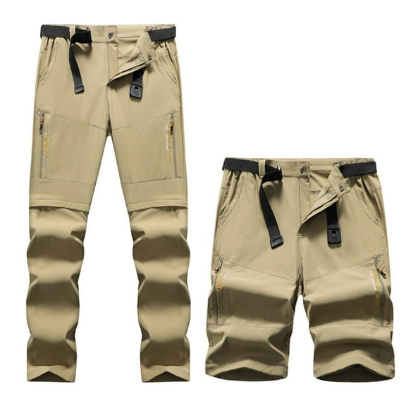 PiGOGI Men's Outdoor Convertible Pants - Detachable Button & Zipper with Belt, Elastic Waist Long Pants for Hiking & Travel Khaki L