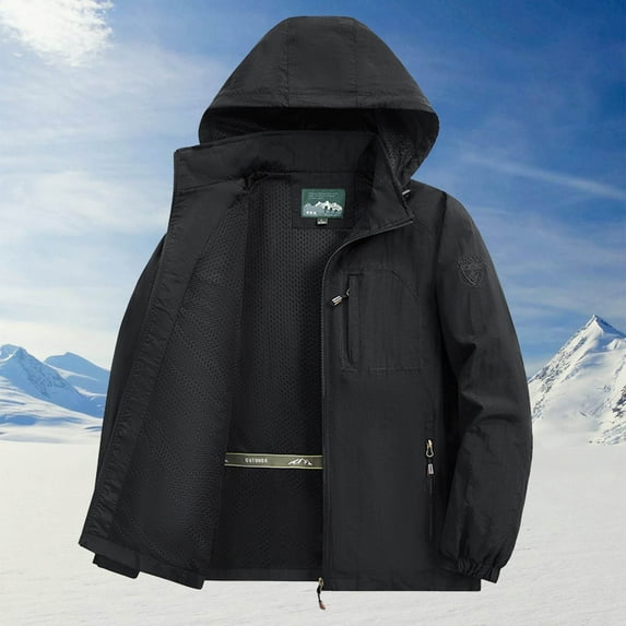 PiGOGI Men's Outdoor Running Hooded Jacket Solid Color Fitness Long Sleeve Zipper Pocket Windbreaker for Summer Black L