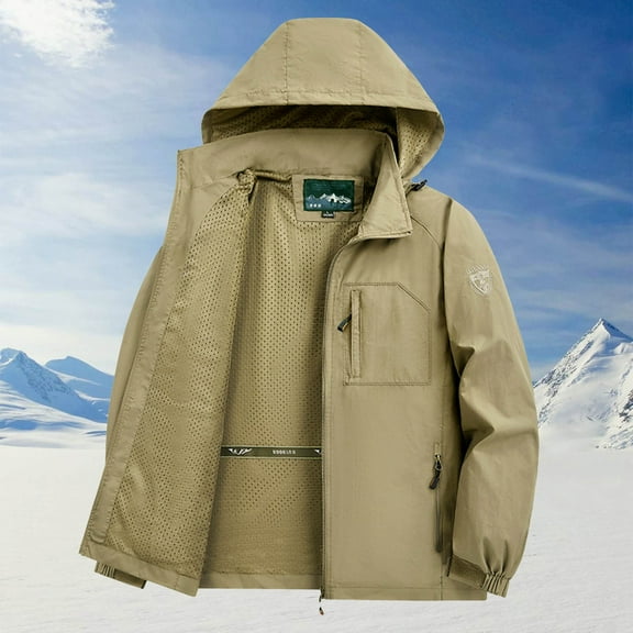 PiGOGI Men's Outdoor Running Hooded Jacket Solid Color Fitness Long Sleeve Zipper Pocket Windbreaker for Summer Khaki XL