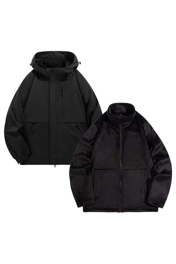 Men's Outdoor Solid Color Windproof Removable Inner Liner Pocket Zipper Jacket Black 5XL