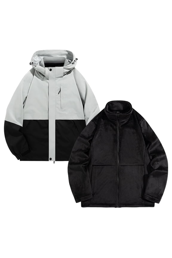 Men's Outdoor Solid Color Windproof Removable Inner Liner Pocket Zipper Jacket Gray L