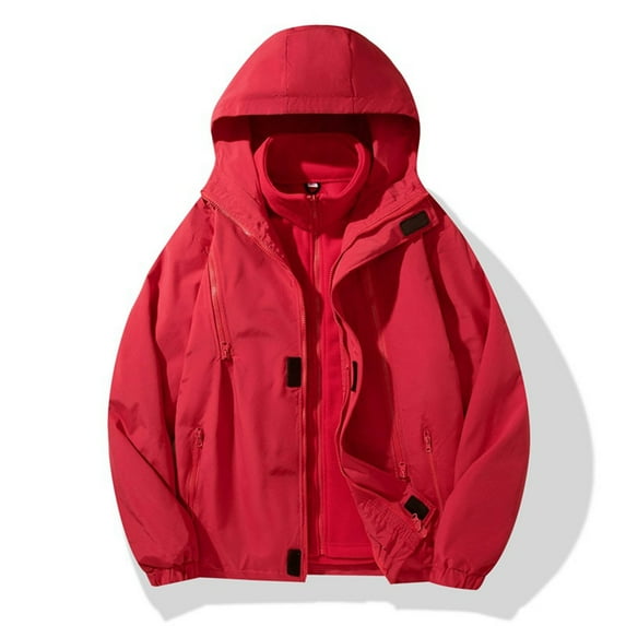 PiGOGI Men's Outdoor Solid Color Windproof Removable Inner Liner Pocket Zipper Jacket Red 5XL