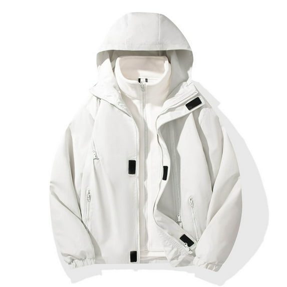 PiGOGI Men's Outdoor Solid Color Windproof Removable Inner Liner Pocket Zipper Jacket White XL