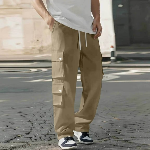 PiGOGI Men's Outdoor Work Pants Functional Cargo Pants Straight Leg Multi-Pocket Drawstring Casual Hiking Trousers Khaki M