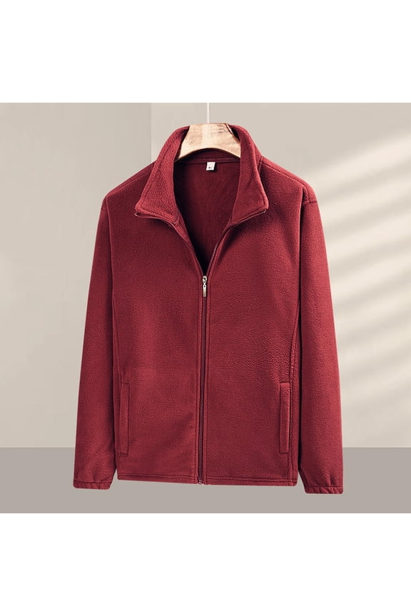 Men's Polar Fleece Jacket Lightweight Full Zip Jackets Outdoor Hiking Casual Soft Warm Coat with Pockets Wine M