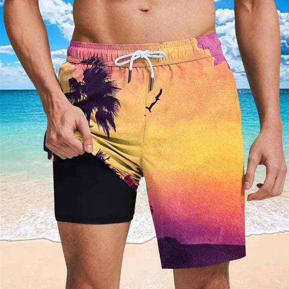 PiGOGI Men's Printed Casual Shorts with Elastic Waist, Lightweight Polyester Pants with Pockets for Summer Beach Yellow XL