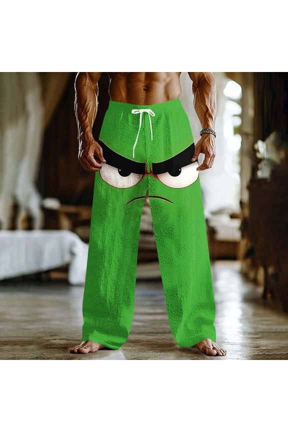 Men's Smiling Face Casual Pants Loose Fit with Pockets Elastic Drawstring Waist Outdoor Vacation Trousers Green 2XL