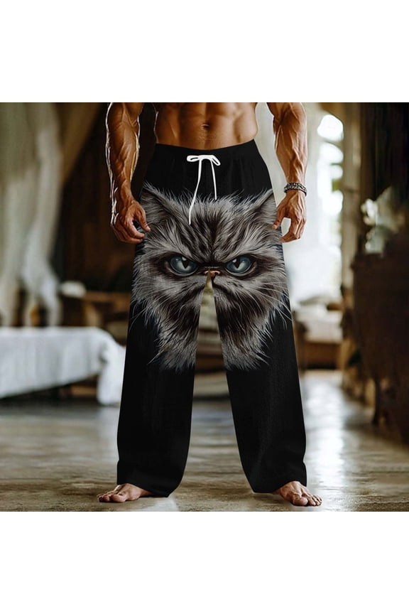 Men's Smiling Face Loose Pants with Pockets Elastic Drawstring Waist Casual Outdoor Vacation Home Trousers Black M