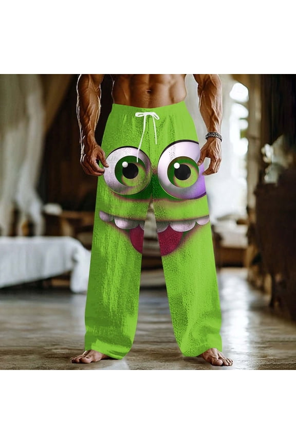 Men's Smiling Face Loose Pants with Pockets Elastic Drawstring Waist Casual Outdoor Vacation Home Trousers Green XL