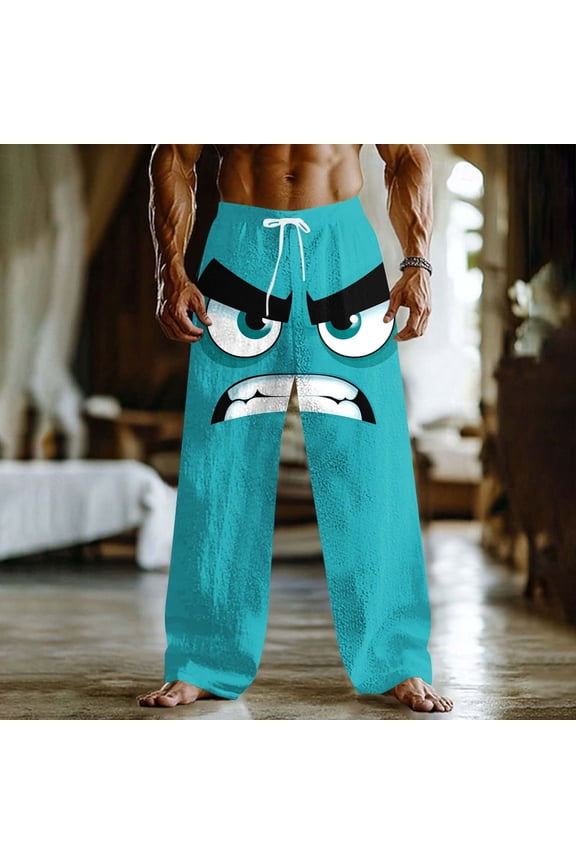 Men's Smiling Face Pants Loose with Pockets Elastic Drawstring Waist Casual Outdoor Vacation Home Trousers Mint Green XL