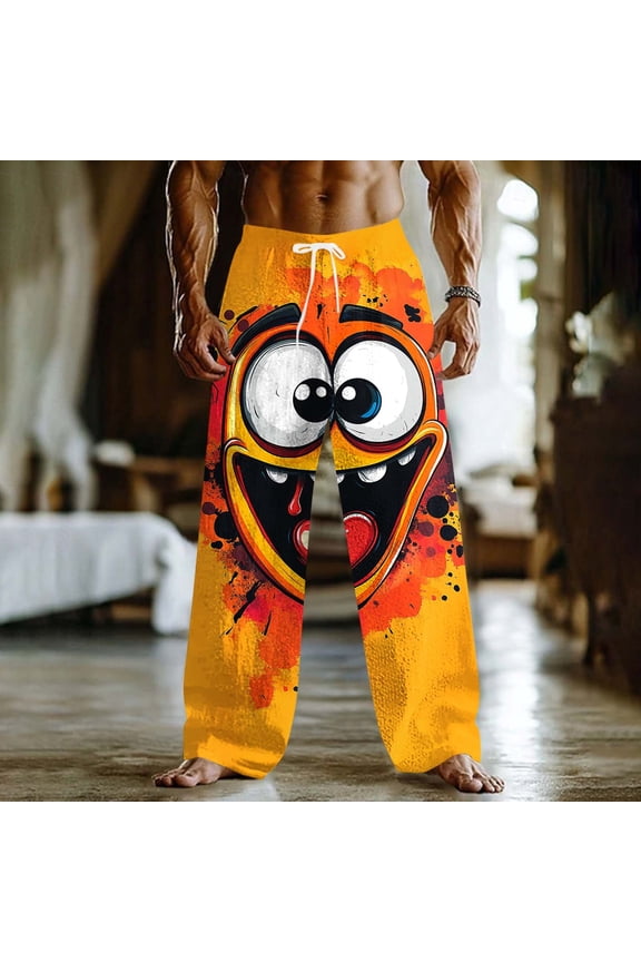 Men's Smiling Face Pants Loose with Pockets Elastic Drawstring Waist Casual Outdoor Vacation Trousers Multicolor L
