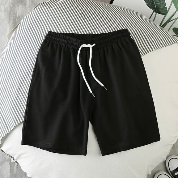 PiGOGI Men's Solid Color Casual Shorts with Elastic Waist, Lightweight Polyester Pants for Summer Outdoor Lounge Black M