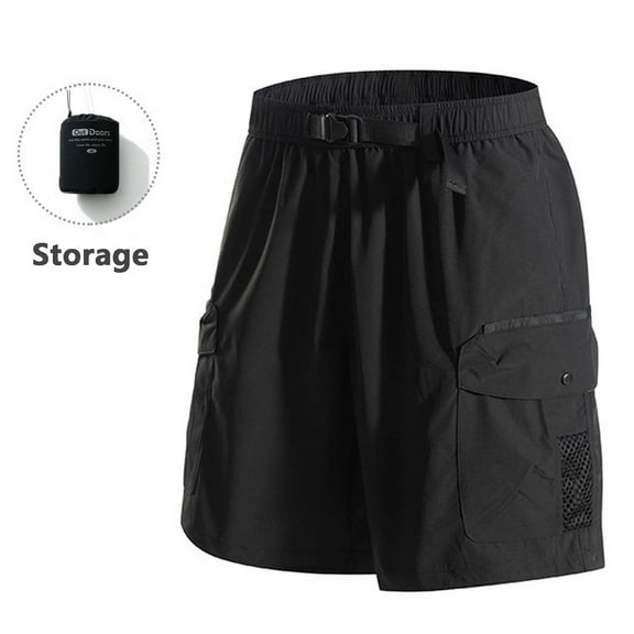 PiGOGI Men's Solid Color Casual Shorts with Waist Belt, Loose Polyester Pants with Pockets for Summer Outdoor Black L