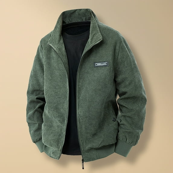 PiGOGI Men's Solid Color Long Sleeve Lapel Button Cardigan Thick Corduroy Lamb Wool Jacket Army Green M