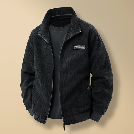 PiGOGI Men's Solid Color Long Sleeve Lapel Button Cardigan Thick Corduroy Lamb Wool Jacket Black XL