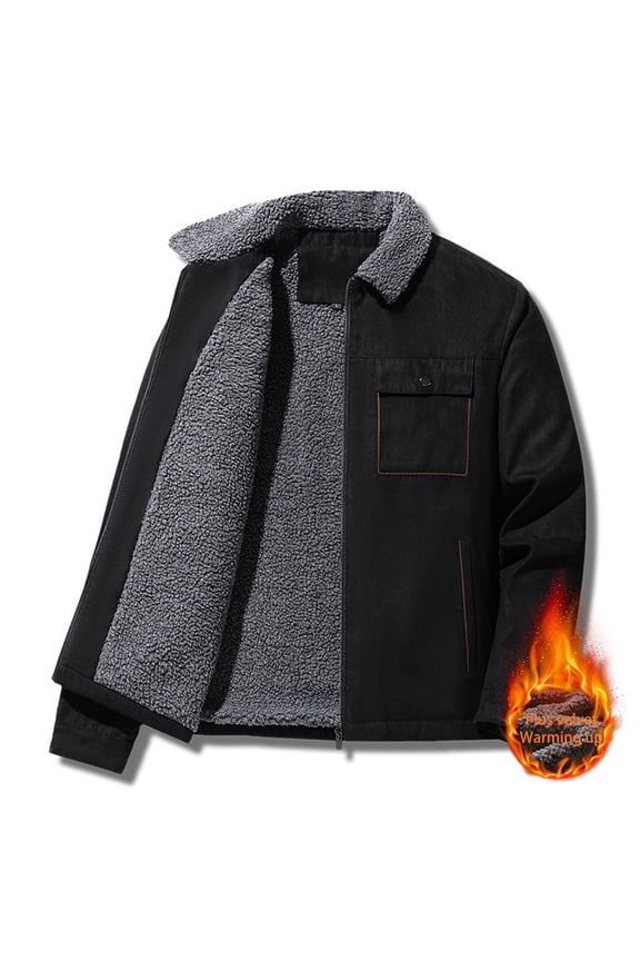 Men's Solid Color Long Sleeve Lapel Button Cardigan Thick Suede Lamb Wool Jacket Black M