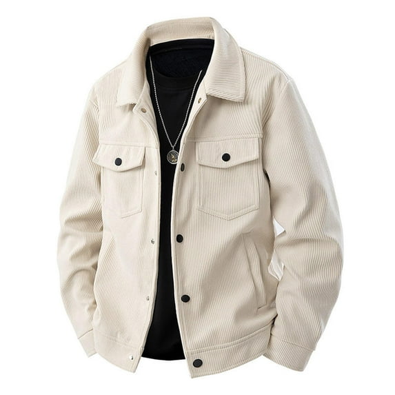 PiGOGI Men's Solid Color Long Sleeve Lapel Thick Fleece Warm Fashionable Casual Jacket Beige L