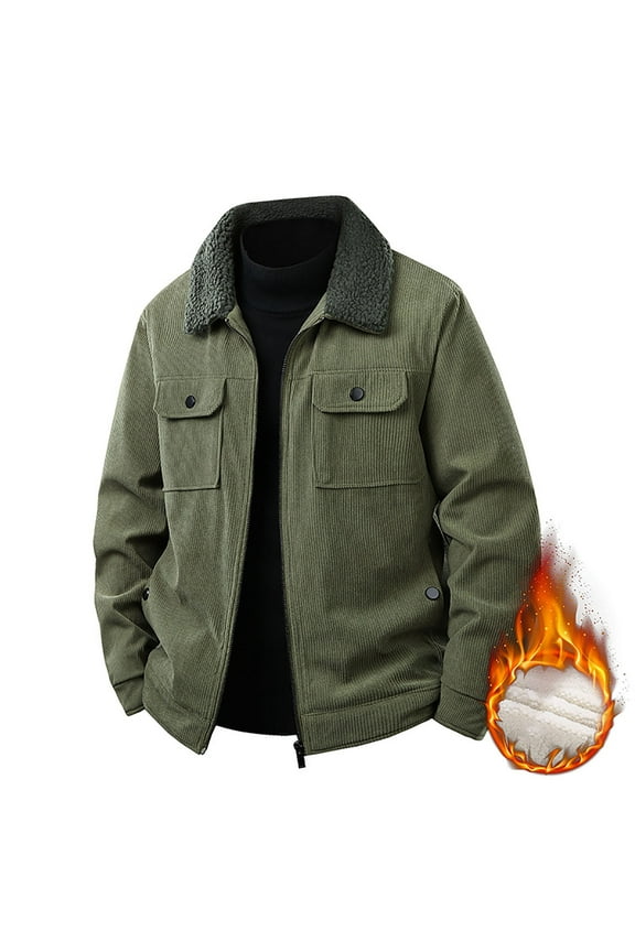 Men's Solid Color Long Sleeve Lapel Zipper Cardigan Thick Corduroy Lamb Wool Jacket Army Green M