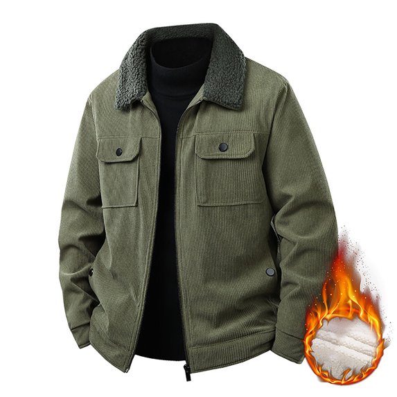 PiGOGI Men's Solid Color Long Sleeve Lapel Zipper Cardigan Thick Corduroy Lamb Wool Jacket Army Green XL