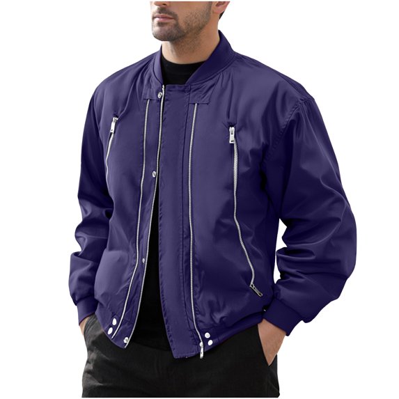 PiGOGI Men's Solid Color Long Sleeve Stand Up Collar Zipper Cardigan Workwear Jacket Purple 2XL