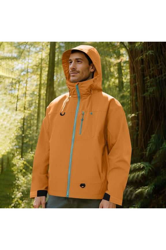 Men's Solid Color Windproof Waterproof Jacket Zipper Pocket Drawstring Hooded Outdoor Coat for Daily Wear Orange XXXL