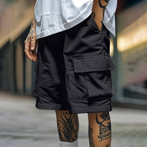 PiGOGI Men's Solid Color Workwear Shorts, Outdoor Casual Multi Pocket Five Quarter Pants for All Seasons Black M