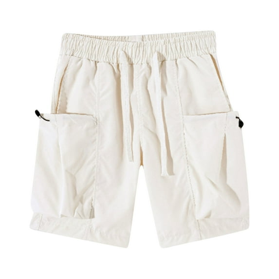 PiGOGI Men's Solid Color Workwear Shorts, Outdoor Casual Multi Pocket Five Quarter Pants for All Seasons White XL
