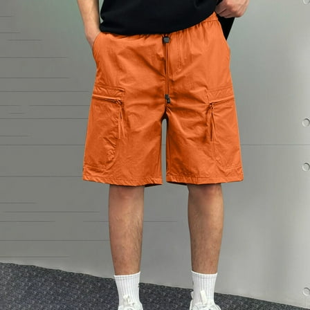 PiGOGI Men's Solid Color Workwear Shorts, Outdoor Casual Multi Pocket Five Quarter Pants for Summer Orange XL