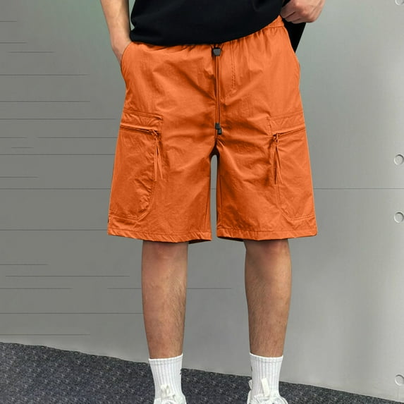 PiGOGI Men's Solid Color Workwear Shorts, Outdoor Casual Multi Pocket Five Quarter Pants for Summer Orange XL