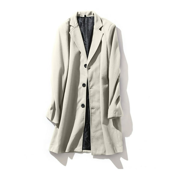 PiGOGI Men's Sport Coats Men's Solid Medium Long Casual Coat Coat Long Sleeve Turndown Collar Breaste Pocket Trench Coat White