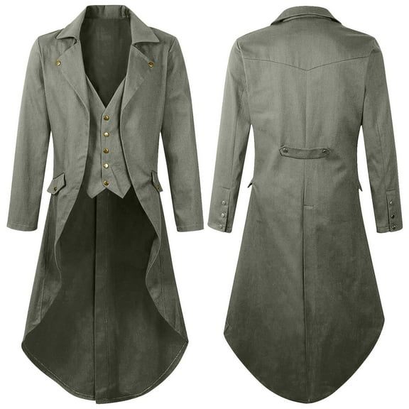 PiGOGI Men's Sport Coats Mens Gothic Solid Color Top Steampunk Medieval Tailcoat Uniform PerforMence Suit Lapel Jacket Dark Gray